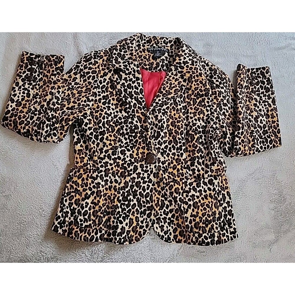 Larry Levine Leopard Blazer Corduroy Women's Size 12p Brown Tan Red Lining